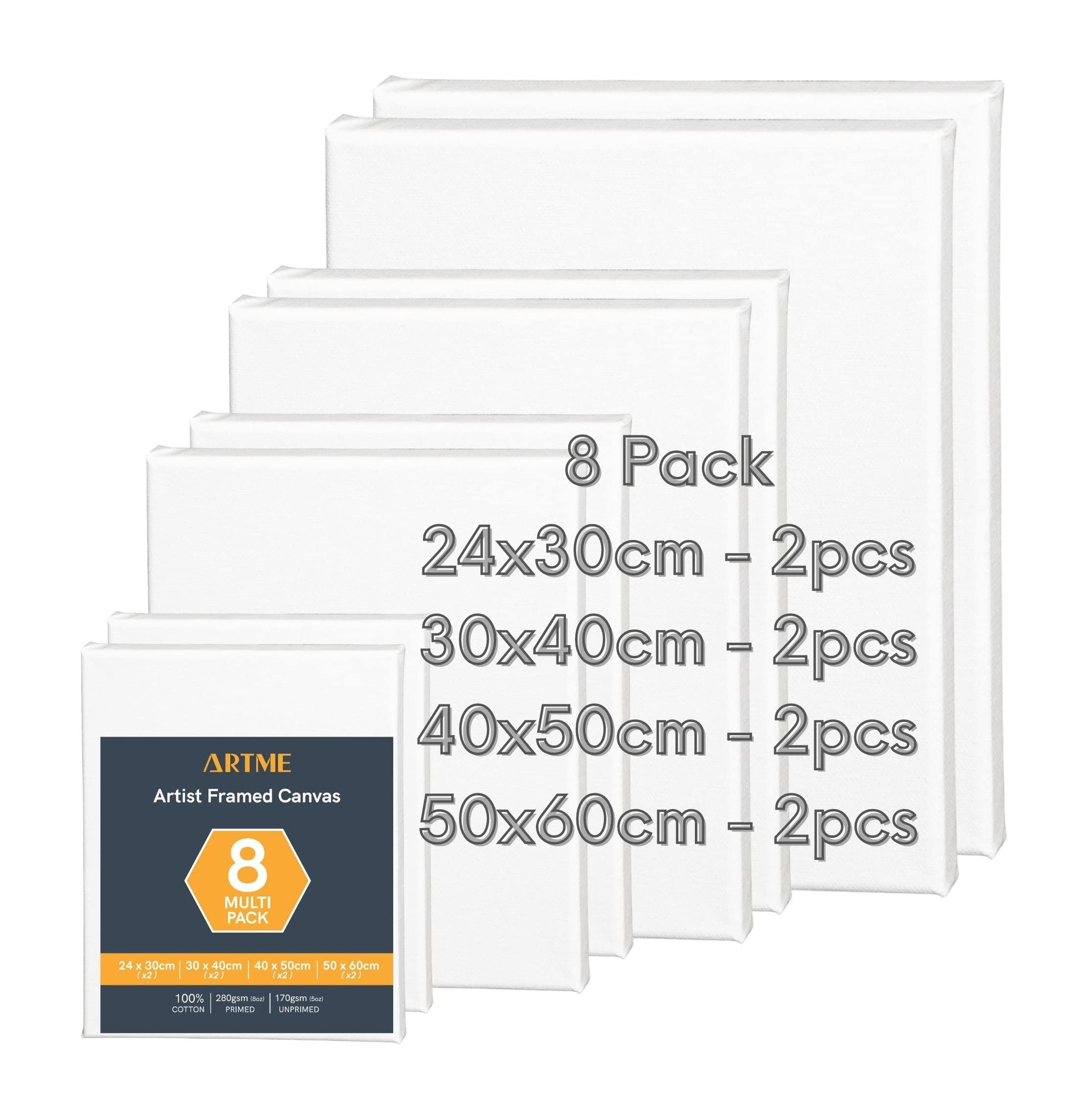 Artme Pre-Stretched Canvas 8pcs –24x30, 30x40, 40x50, 50x60 Assorted Artist Framed Canvas/ 280GSM/100% Cotton/Blank/Triple Primed/Acid Free/Medium Grain/ 1.7cm - Acrylic/Oil