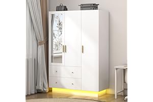 jiteentarou 3 Door Wardrobe Closet with Mirror & LED Lights, Bedroom Armoire with Drawers & Shelves, Modern Wooden Armoire Wardrobe Closet with Hanging Rod for Bedroom, White