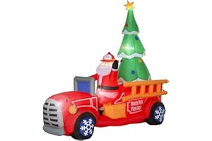 HOMCOM 7.5ft Christmas Inflatable Santa Claus Driving a Fire Truck with Tree, Outdoor Blow-Up Yard Decoration with LED Lights Display