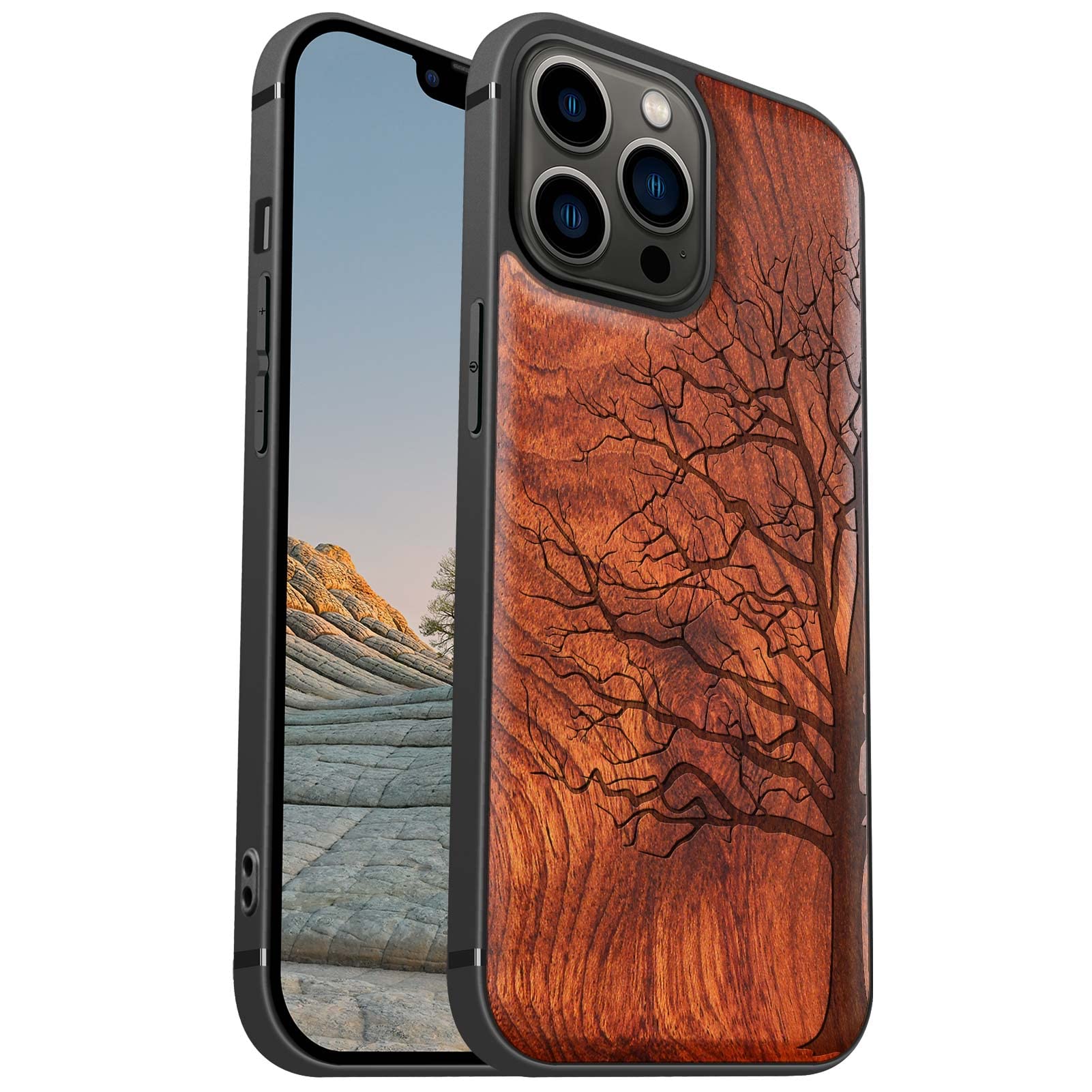 Carveit Magnetic Wood Case for iPhone 13 Pro Max Case [Hard Real Wood & Soft TPU] Shockproof Hybrid Protective Cover Unique & Classy Wooden Case Compatible with MagSafe (Eternal Tree-Rosewood)