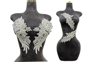 ARTISTRYXB Handmade Rhinestones lace Trim Patches Handsewing Beads Bodice Applique for Dress DIY Accessories 1pair/Set (Clear AB)