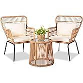 HOMEZILLIONS 3 Piece Outdoor Wicker Furniture Bistro Set, Rattan Chairs Conversation Sets Wicker Patio Furniture for Balcony Poolside Backyard, Yellow/Beige