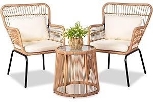 HOMEZILLIONS 3 Piece Outdoor Wicker Furniture Bistro Set, Rattan Chairs Conversation Sets Wicker Patio Furniture for Balcony Poolside Backyard, Yellow/Beige