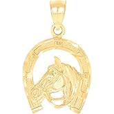 14kt Yellow Gold Unisex Horse Head In Horseshoe Good Luck Charm Pendant