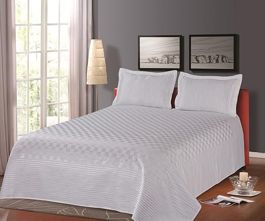 Cloth Fusion Prima Checkered 300TC Bed Cover with 2 Pillow Cover- Double (90X100),White