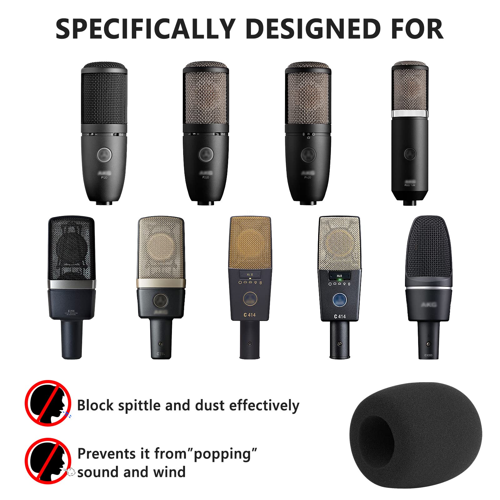 Geekria for Creators Foam Windscreen Compatible with AKG P120, P220, P420, P820, C3000, C414 XLS, C414 XLII Microphone Antipop Foam Cover, Mic Wind Cover, Sponge Foam Filter (Black / 2 Pack)