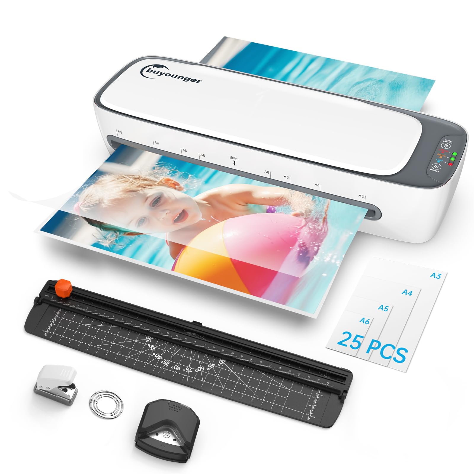 Buyounger Laminator, A3 Laminator Machine with 25 Pouches Thermal and Cold for A3 A4 A5 A6, 13 Inches Laminating Machine with 60s Warm-up for Home School Office