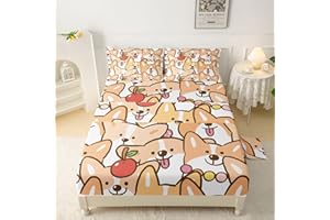 QOOMO Kawaii Dog Sheet Set,Cute Dog Kids Bed Sheets,Cartoon Animals 16" Deep Pocket Bed Sheet Set for Boys/Girls/Kids/Teens，4 Piece Sheet Set, 1 Fitted Sheet,1 Flat Sheet and 2 Pillowcases，Twin Size