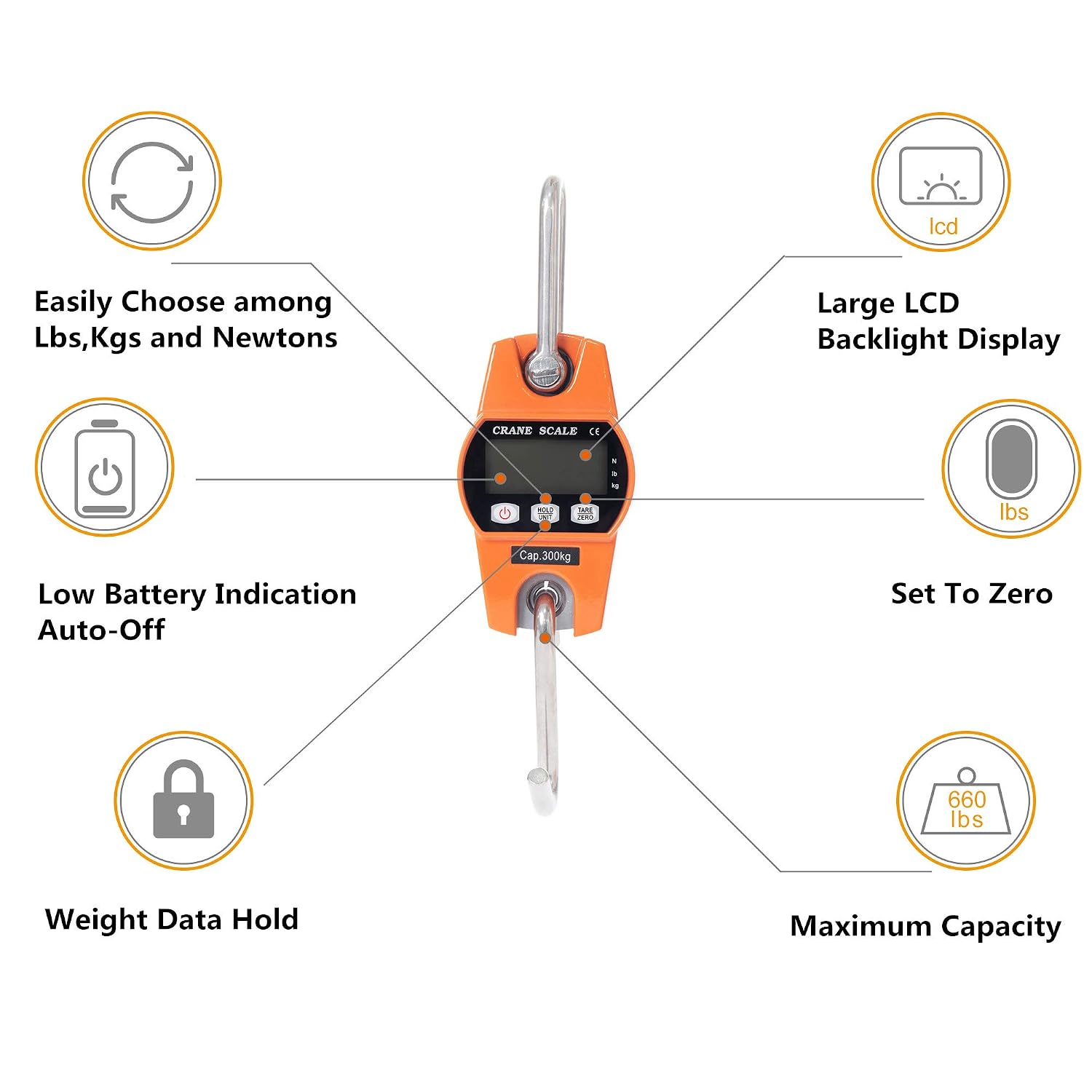 Hyindoor Mini Digital Crane Scale 300kg/600lbs with LCD (Die-casting Aluminium Case), Orange - Image 5