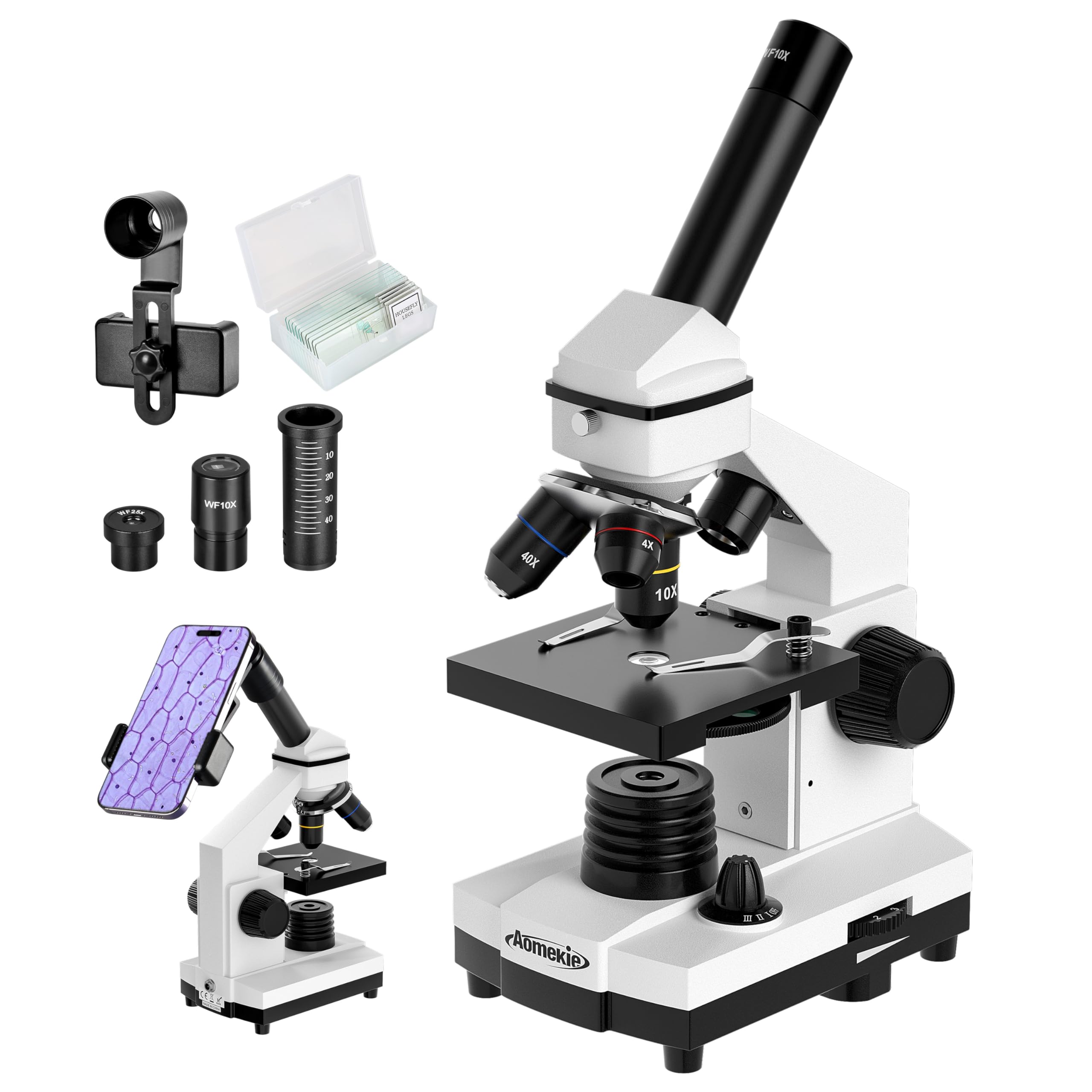 Aomekie Microscopes for Adults 40X-2000X Professional Monocular Biological Electron Microscope with LED Light and Slides for Experiment Learning