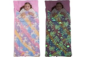DECMAY Sleeping Bag for Kids Toddler Nap Mat 63" x 30" Toddler Slumber Bag Glow in The Dark Blanket Fluffy with Padded Mat for Boys, Girls,Grey Space/Pink Unicorn/Rainbow Unicorn