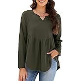 KateModa Women Waffle Knit Long Sleeve Shirt V Neck Babydoll Tunic Tops Fall Winter Casual Fashion Clothes