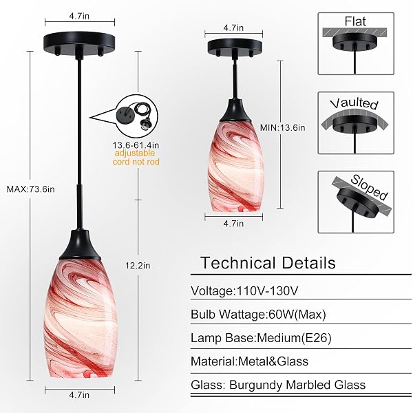 VIINEW MINI GLASS PENDANT LIGHT,3-PACK HANDBLOWN BURGUNDY MARBLE ART GLASS HANGING LIGHT 4.72″ OVAL CEILING HANGING LIGHT FIXTURE FOR DINING ROOM KITCHEN ISLAND CAFE FOYER HALLWAY