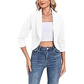 MINTLIMIT Cropped Blazers for Women 3/4 Ruched Sleeve Open Front Cardigan Casual Work Office Blazer Suit Jacket