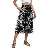 Yincro Women's Summer High Waisted Midi Skirt Elastic Waistband A-Line Skirt with Pockets