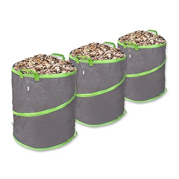 Schramm® 3 Stück Pop-Up Gartensäcke 137L Grün/Grau Sehr Stabiles Polyester Oxford Selbst Aufstellend Gartensack Pop UP Garten