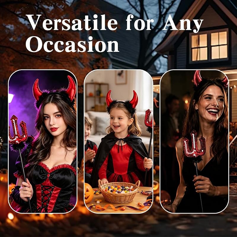 Halloween Teufelshörner Stirnband mit Pailletten-Gabel – 2-teiliges Rot-Schwarzes Dämonen Kostümzubehör für Erwachsene, Unisex Faschingsparty, Maskerade & Karneval — Foto 7 von 7