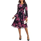Zattcas Women's 2026 Spring Mesh Long Sleeve Floral Midi Dress Crew Neck A Line Flowy Cocktail Party Wedding Guest Dress