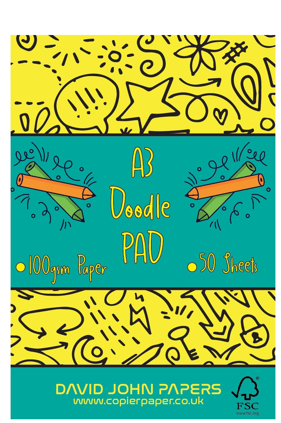 DJP 50 Sheet A3 Plain Doodle and Colouring Pad - 100gsm Bright White Paper Pad Made in The UK