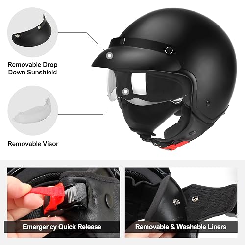 Matte Black 3/4 Open Face Motorcycle Helmet – DOT Approved, Retro Style, Unisex Adult