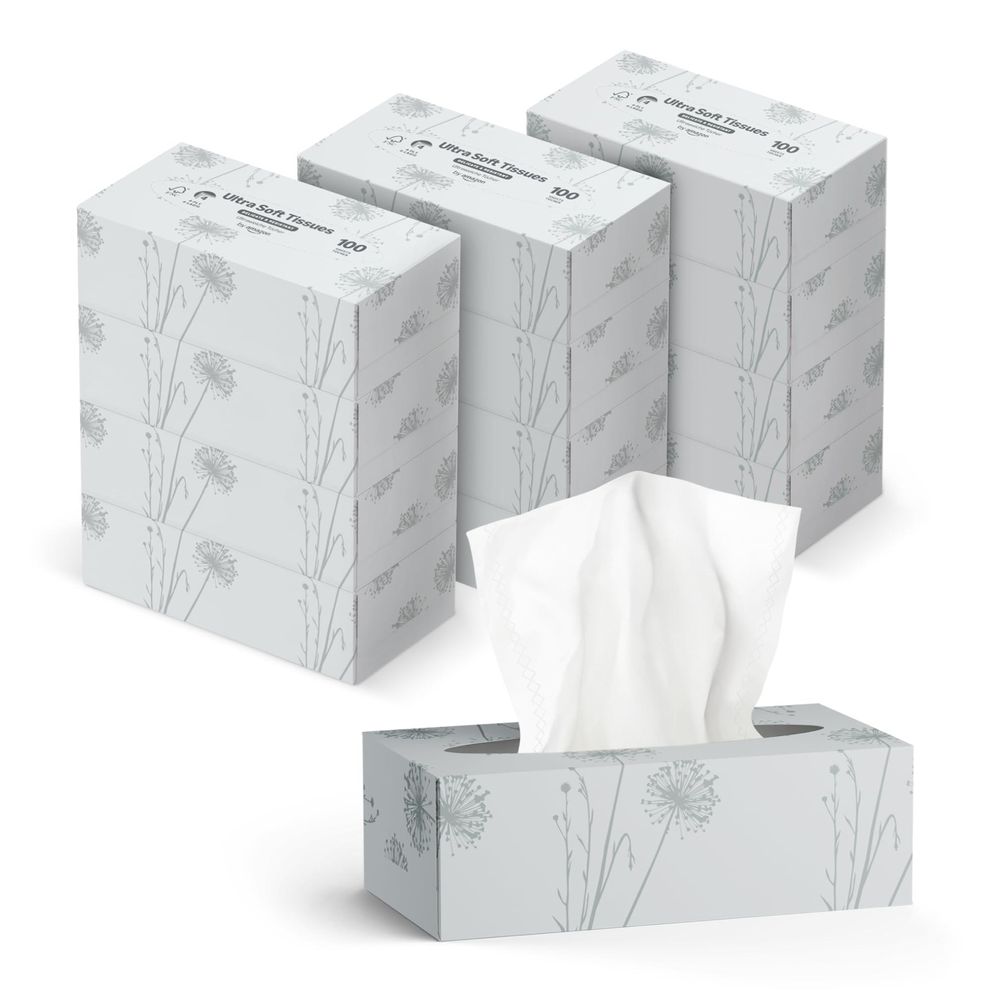 by Amazon 4-Ply Facial Tissues, 1200 Sheets (12 Packs of 100 Sheets)