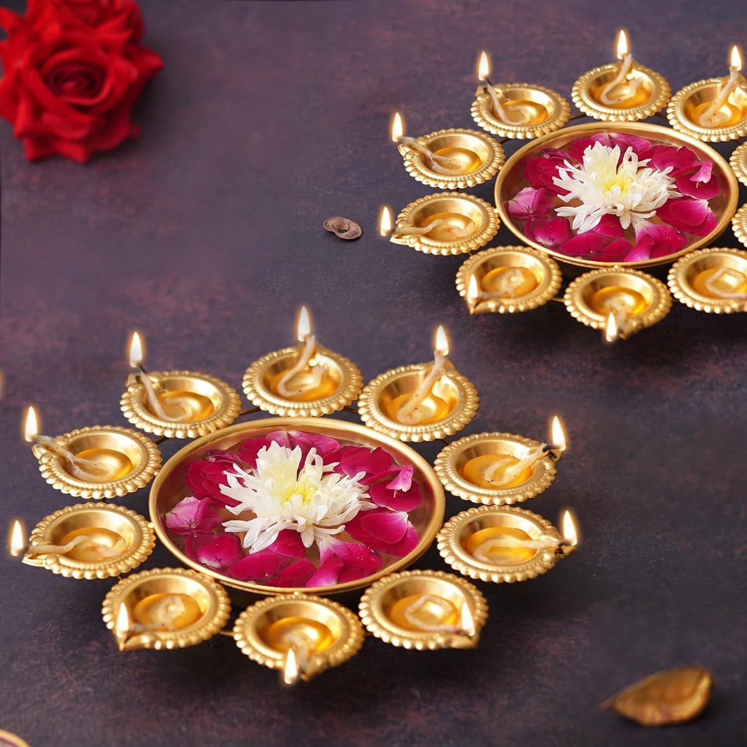 Photo 1 of TIED RIBBONS 2 Pcs Urlis for Decoration Indian | Iron | Diya Shape Flower Decorative Urli Bowl for Indian | Urli Bowl with Diya for Wedding, Pooja, Diwali Decor | Ganesh Chaturthi Decorations