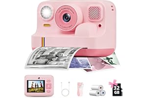 BILEBAK Instant Print Camera for Kids, Christmas Birthday Gifts for Girls Boys Age 3-15, 1080P Selfie Portable Digital Video Camera with 32GB SD Card, 3-Colored Print Paper- Pink