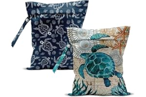 ZHAMEN 2Pcs Turtle Wet Bag 12x10 Inch, Starfish Waterproof Reusable Wet Dry Bags, Sea Weed Washable Travel Laundry Bags for Swimsuit Beach Diapers Dirty Yoga Gym Clothes, Sea Turtle Gifts for Women Friend