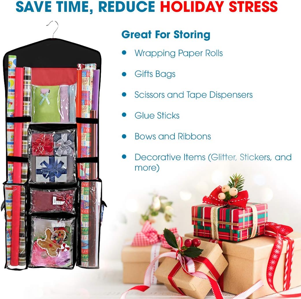 ProPik Hanging Double Sided Wrapping Paper Storage Organizer with Multiple Pockets Organize Your Gift Wrap, Gift Bags Bows Ribbons 40"X17"Fits 40 Inch Rolls Red White and Clear PVC Bag (Black): Health & Personal Care