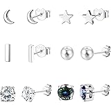 Fansilver 6Pairs 925 Sterling Silver Minimalist Stud Earrings for Women Hypoallergenic Black Rainbow Cubic Zirconia Stud Earr