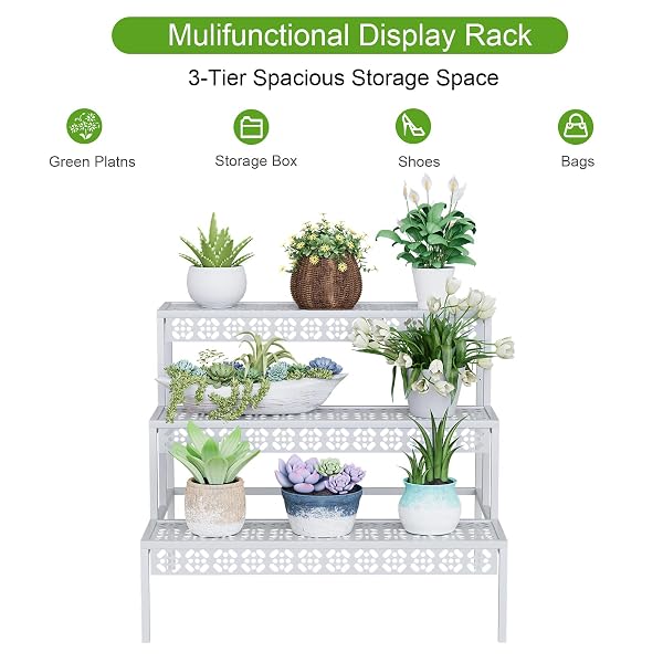 GARDEN 4 YOU 3 TIERS METAL PLANT STAND,RECTANGULAR LADDER FLOWER POTS OUTDOOR PLANT RACK, INDOOR PLANT DISPLAY RACK, HEAVY DUTY UTILITY STORAGE ORGANIZER FOR HOME GARDEN PATIO BALCONY, STAIR STYLE(WHITE)