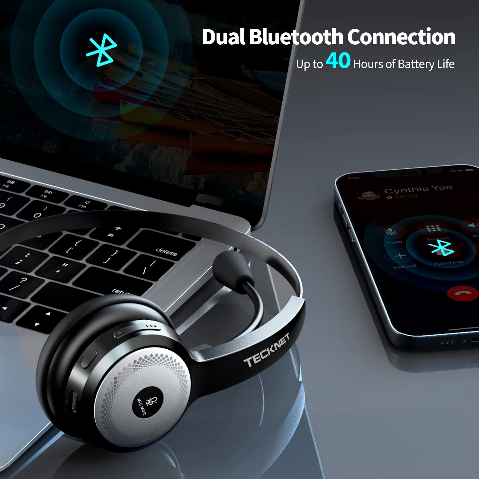 TECKNET Bluetooth 5.0 Headset with Microphone for PC, USB Wireless Headset with Mic for Work, 40Hrs Worktime AI Noise Cancelling On Ear Bluetooth Headphones with Charging Base for Laptop/Call Center