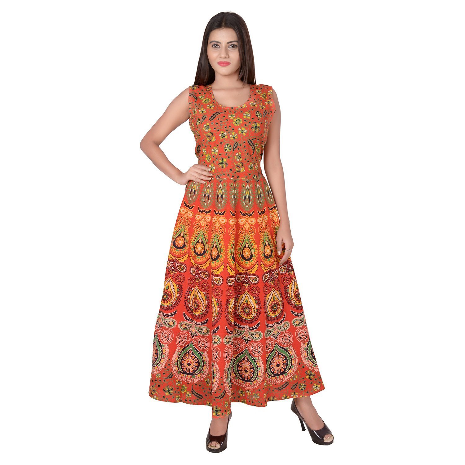 monik handicrafts women's cotton maxi jaipuri printed dress(mh333, red, xxl)