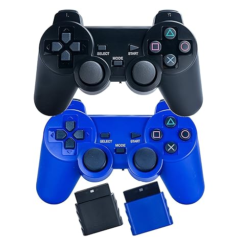 Gaming-Controller für PS2 Gamepad (2,4 GHz, kabellos, 2 Packungen) Sonnenbogen, Schwarz und Blau