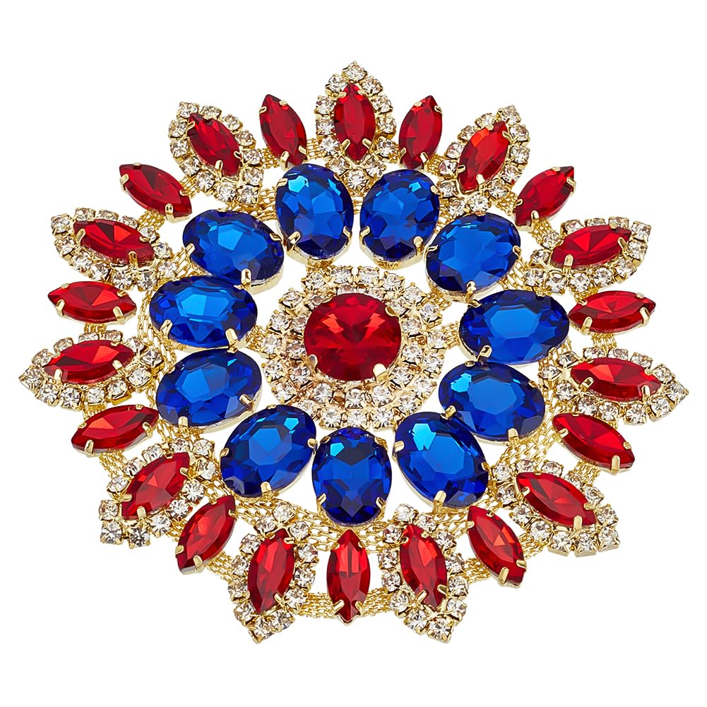 Photo 1 of FINGERINSPIRE Round Rhinestone Applique 4.3x4.1 Inch Blue Red Crystal Flower Patch Rhinestone Appliques with Metal Chain Back DIY Sewing Rhinestone Patch for Wedding Bridal Dress Clothes DIY Garments