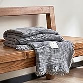 MorroMorn 100% Cotton Queen Size Bed Blanket 80"x90" Muslin Blanket with Fringes, 4-Layer Gauze Blankets for Adult, Boho Bedding Breathable Lightweight Ultra-Soft for All Seasons, Grey