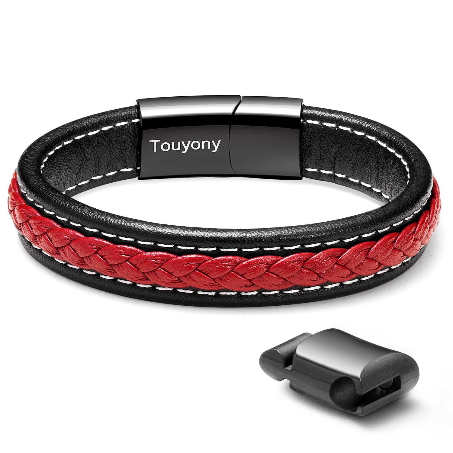 Touyony Red leather bracelet for men classic simple cuff leather