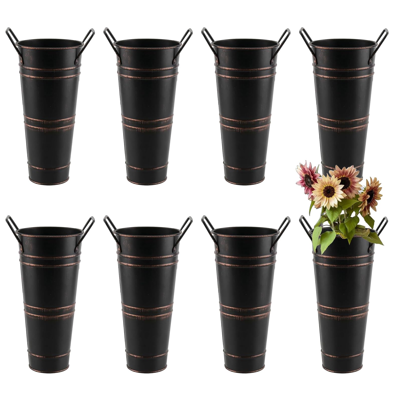 DAKFOOK 8 Pack 11 x 23cm Metal Galvanized Flower Vases, Black Farmhouse French Buckets with Handles, Rustic Flower Buckets for Wedding Table Centerpiece Decorations, Home Decor, Flower Arrangement