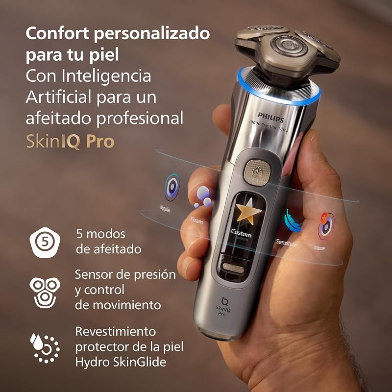 i9000 Prestige Ultra, Afeitadora Eléctrica Hombre, Máquina de Afeitar Barba Seco y Húmedo, SkinIQ Pro, Base de Carga, Recargable, Estuche, Centro de limpieza, Recortador, Naricero, XP9404/38