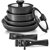 BEZIA Pots and Pans Set Non Stick, Ceramic Cookware Set Detachable Handle | 10 Pcs Nonstick Induction Cooking Set Removable Handles, Dishwasher &amp; Oven Safe, Stackable, for Compact Kitchen, RV, Campers