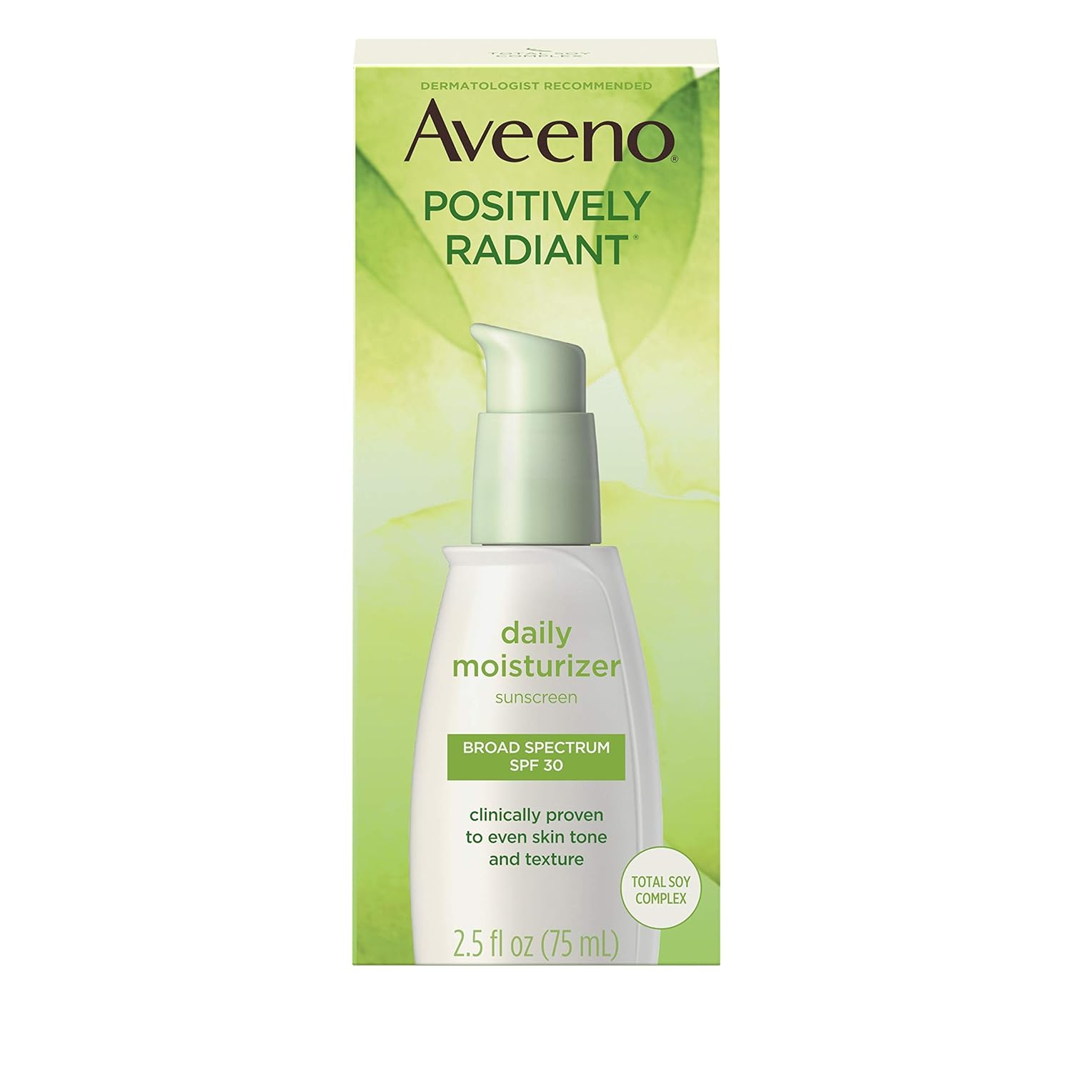 Aveeno Positively Radiant Daily Facial Moisturizer with Total Soy Complex and Broad Spectrum SPF 30 Sunscreen, Oil-Free and Non-Comedogenic, 2.5 fl. oz: Beauty