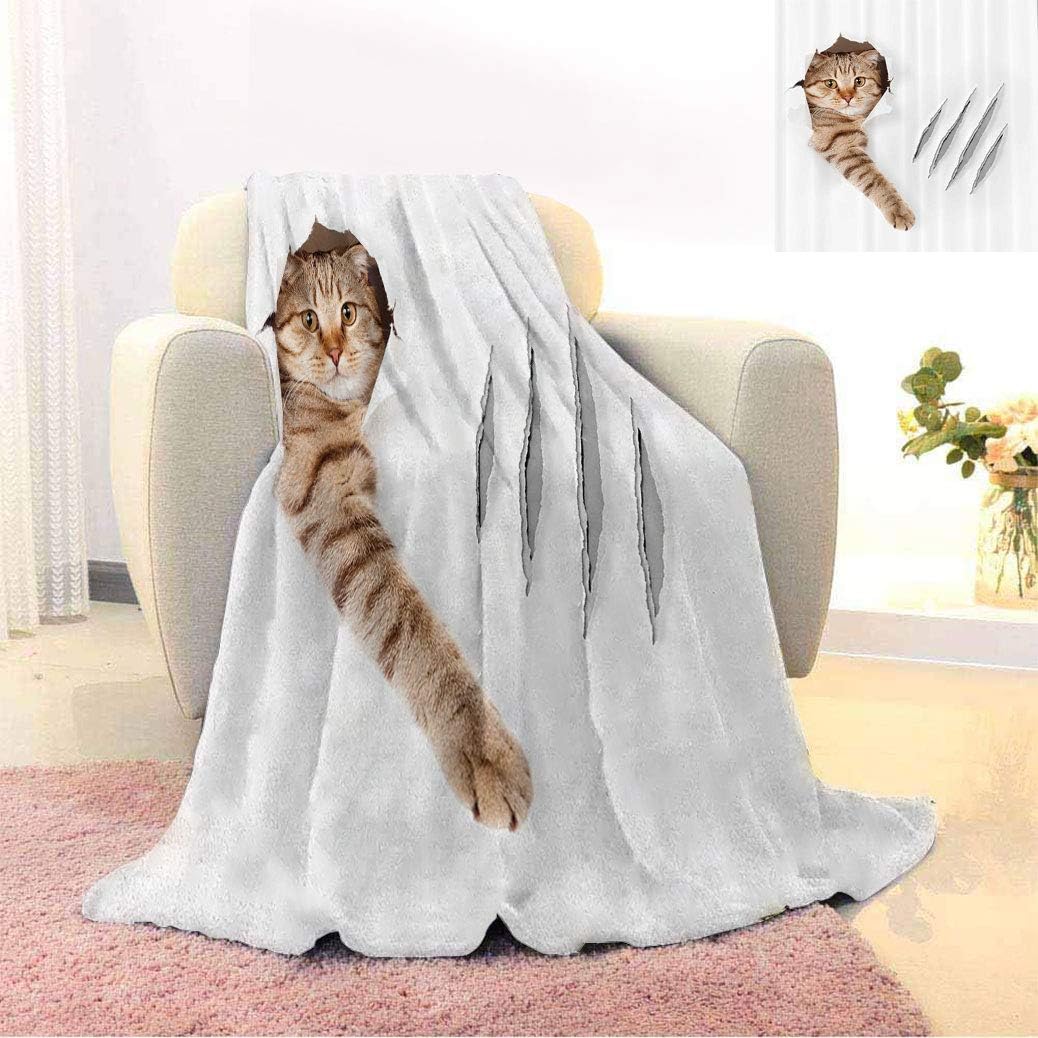 Animal Customized Blankets, Funny Cat in Wallpaper Hole with Claw