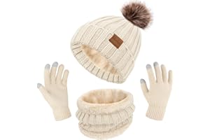 HRUTANE 3 Pcs Winter Hat Scarf and Gloves Set for Women, Warm Knit Fleece Lined Beanies Neck Warmer Touchscreen Gloves
