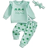 Bonangber Toddler Baby Girl St Patricks Day Outfit Ruffle Sleeve Letters Print Lucky Charm Sweatshirt Pants Headband 3Pcs Set
