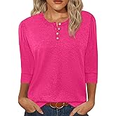 3/4 Length Sleeve Womens Tops Crew Neck Buttons Henley Shirts Tunic T Shirts Loose Fit Work Blouses 2025 Fall Trendy