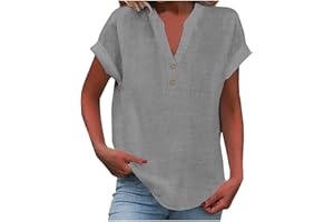 FLOLEO Linen Shirts for Women V Neck Button down Blouse Short Sleeve Office Work Tops Vintage Vacation Tees Shirt Blouse Tops