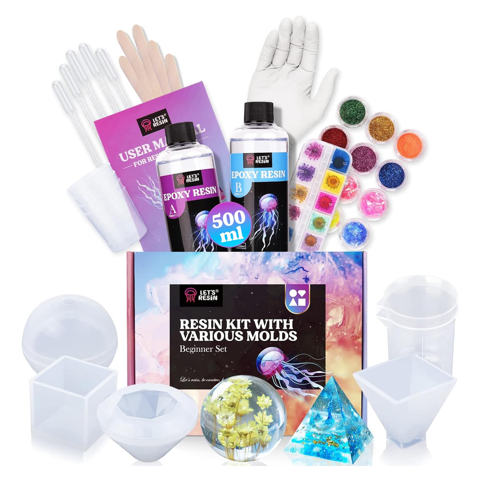 LET'S RESIN Epoxy Resin Kits for Beginners with Moulds, 500ml Epoxy Resin Crystal Clear Kit with Sphere, Cube, Pyramid, Square, Round Resin Moulds