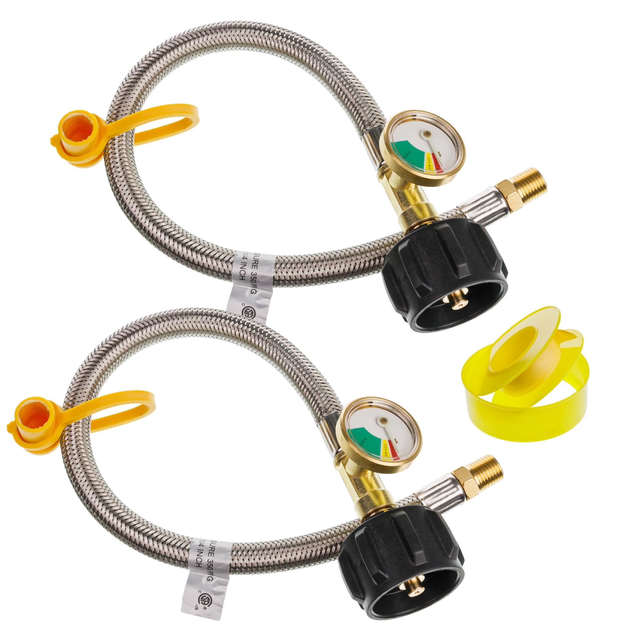 Photo 1 of [1/4 Male NPT] BlueStars 15 inch RV Propane Hoses with Gauge to QCC1 (Not Inverted Flare) Stainless Steel Braided Camper Tank Hose for RV LP Camper Standard Two-Stage Regulator - 2 Pack, 40Lb 350PS