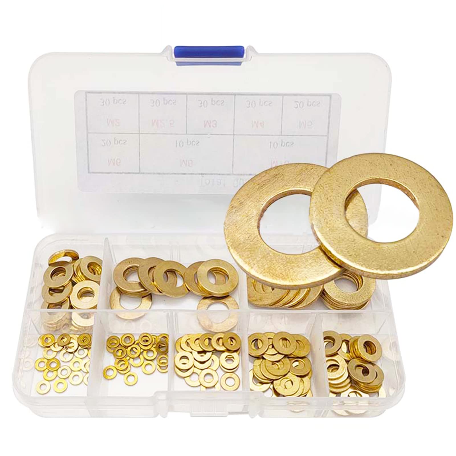 Vokowin 180pcs Brass Washers, Flat Washer, Joint Flat Washer In Brass Assortment Set M2 M2.5 M3 M4 M5 M6 M8 M10 for Metal Collar Sealing Rings with Box (K214-1)