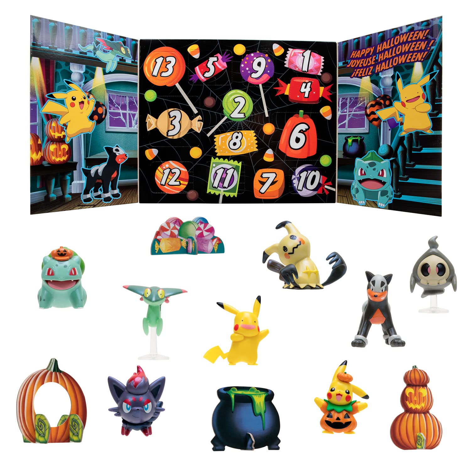 Bandai - Pokémon - Halloween Advent Calendar - 8 Pokemon Figures and 5 Accessories - Pikachu, Zorua, Malosse, Bulbasarre, Fantyrm, Skelenox and Mimiqui - PKW2688